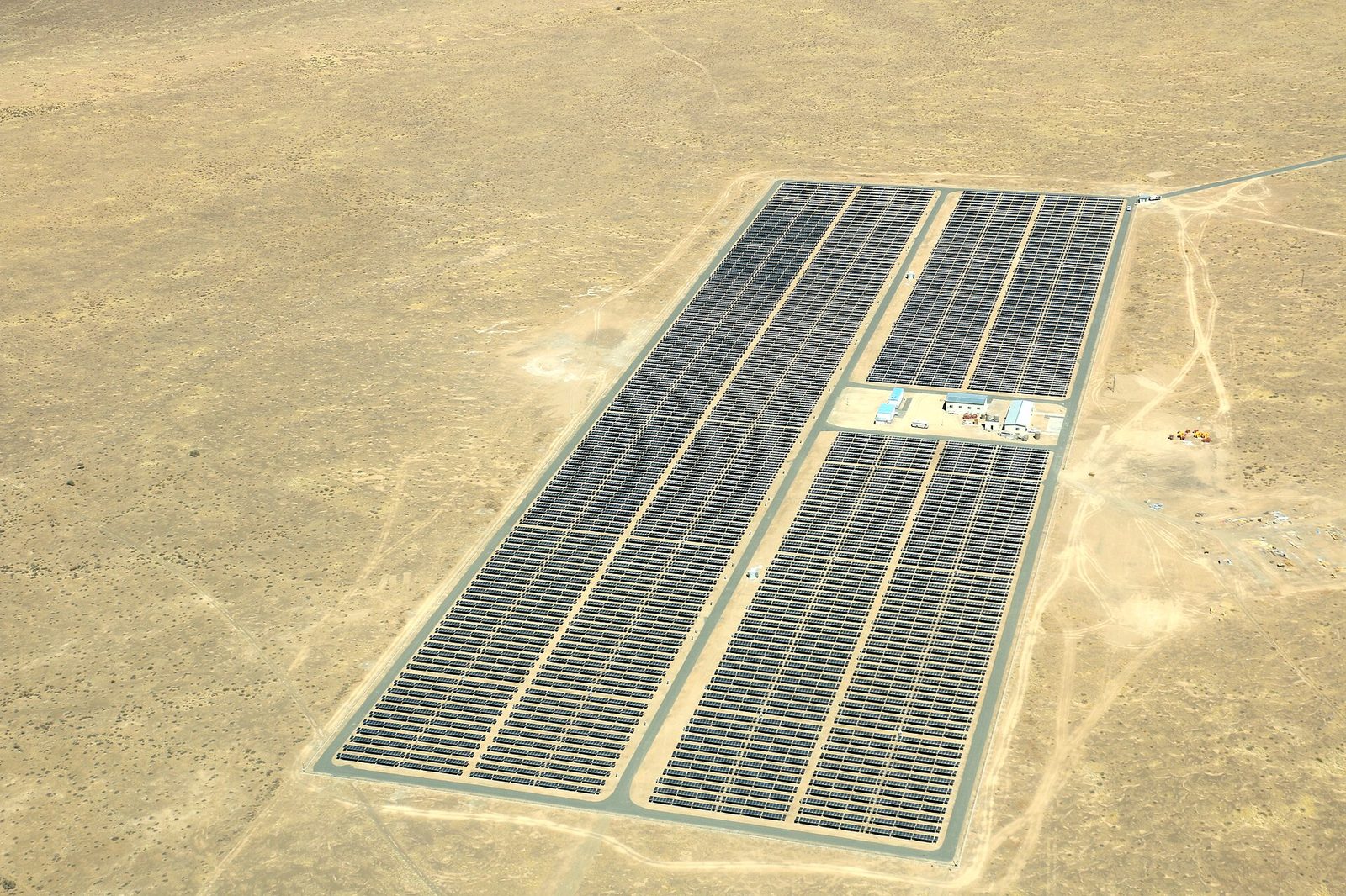 Aerial view of a solar plant in an arid zone
