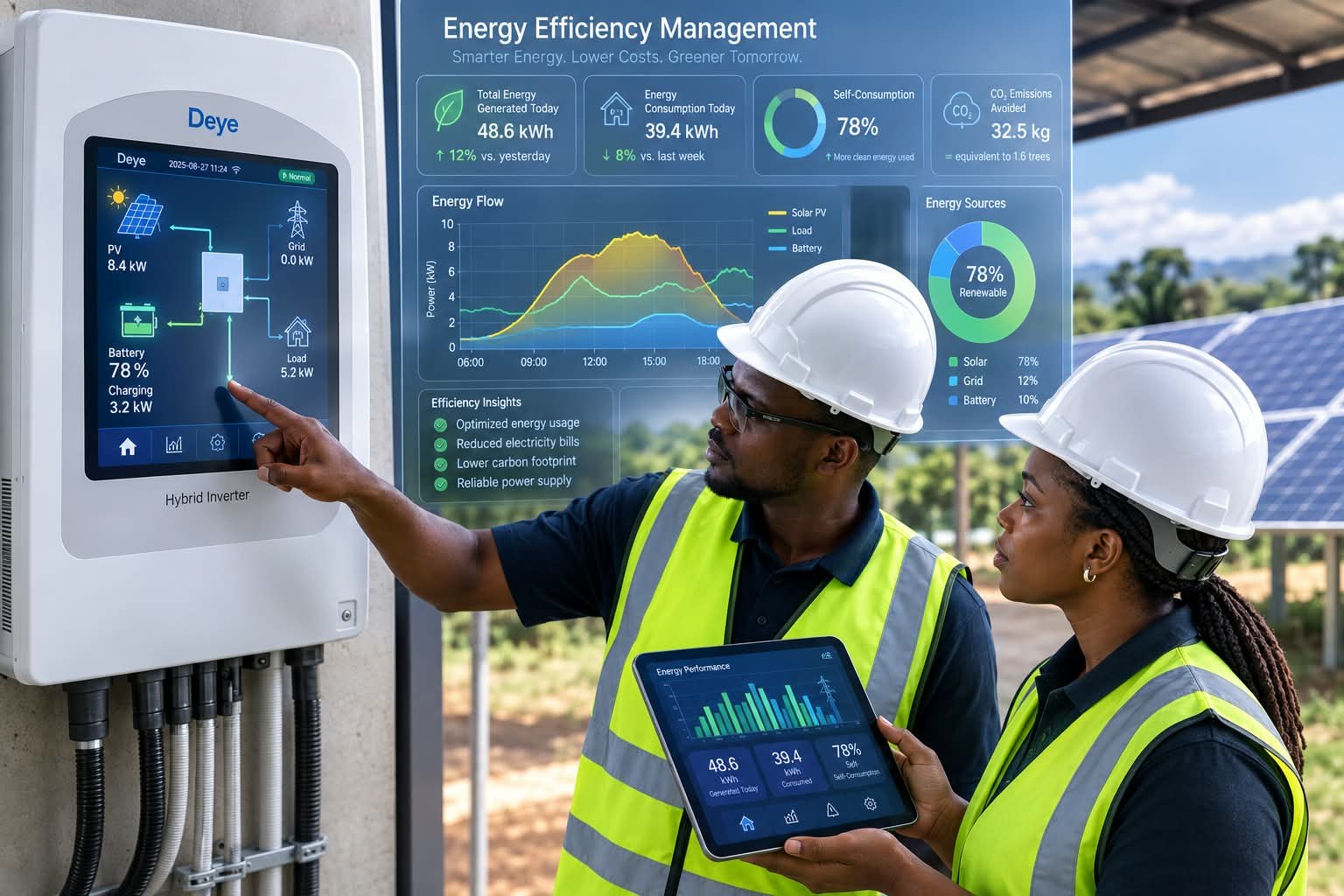 Energy efficiency management dashboard showing generation, consumption and savings