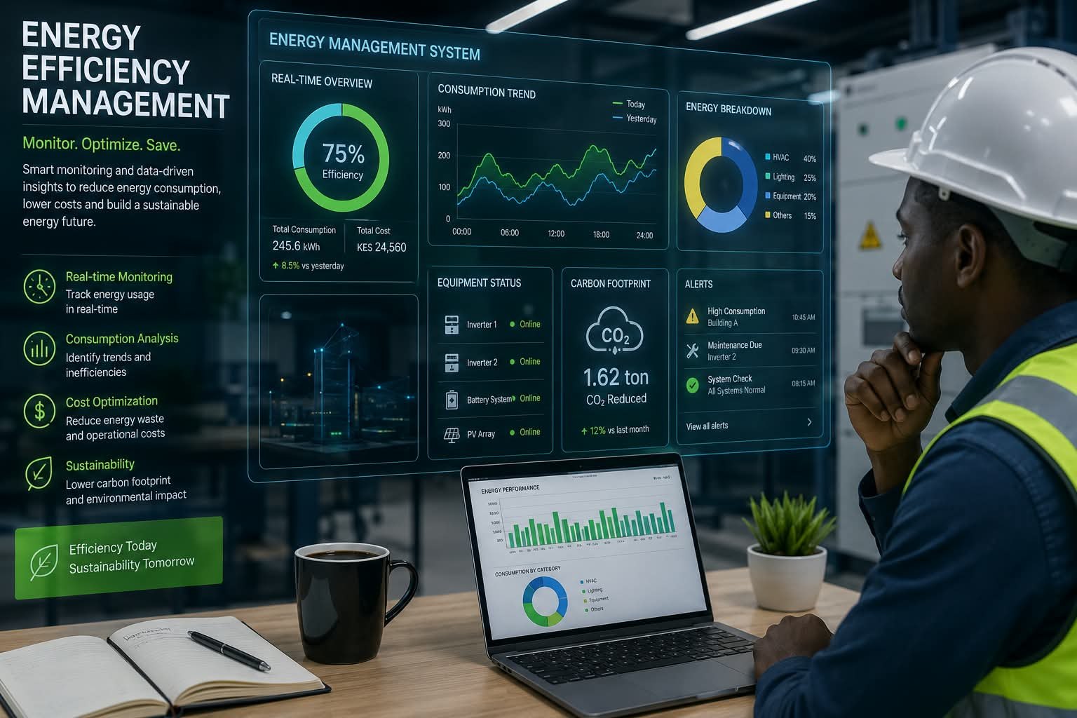 Energy management system dashboard with real-time monitoring and consumption analysis