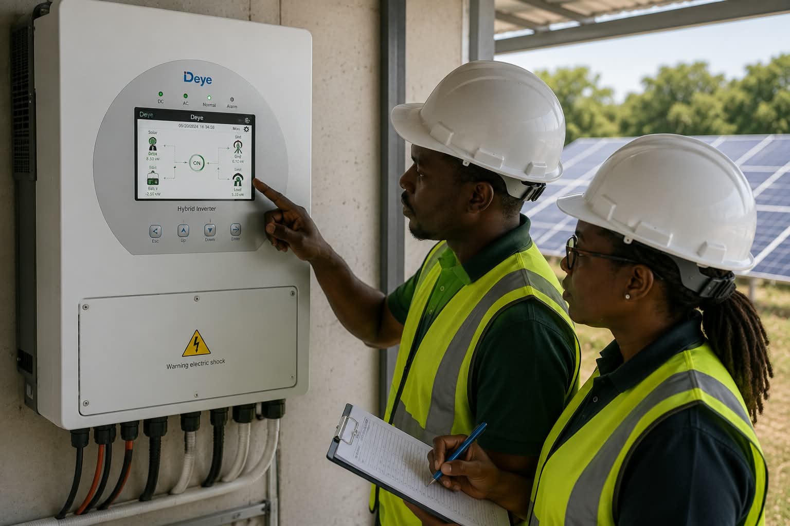 Engineers reviewing inverter performance data during an energy assessment