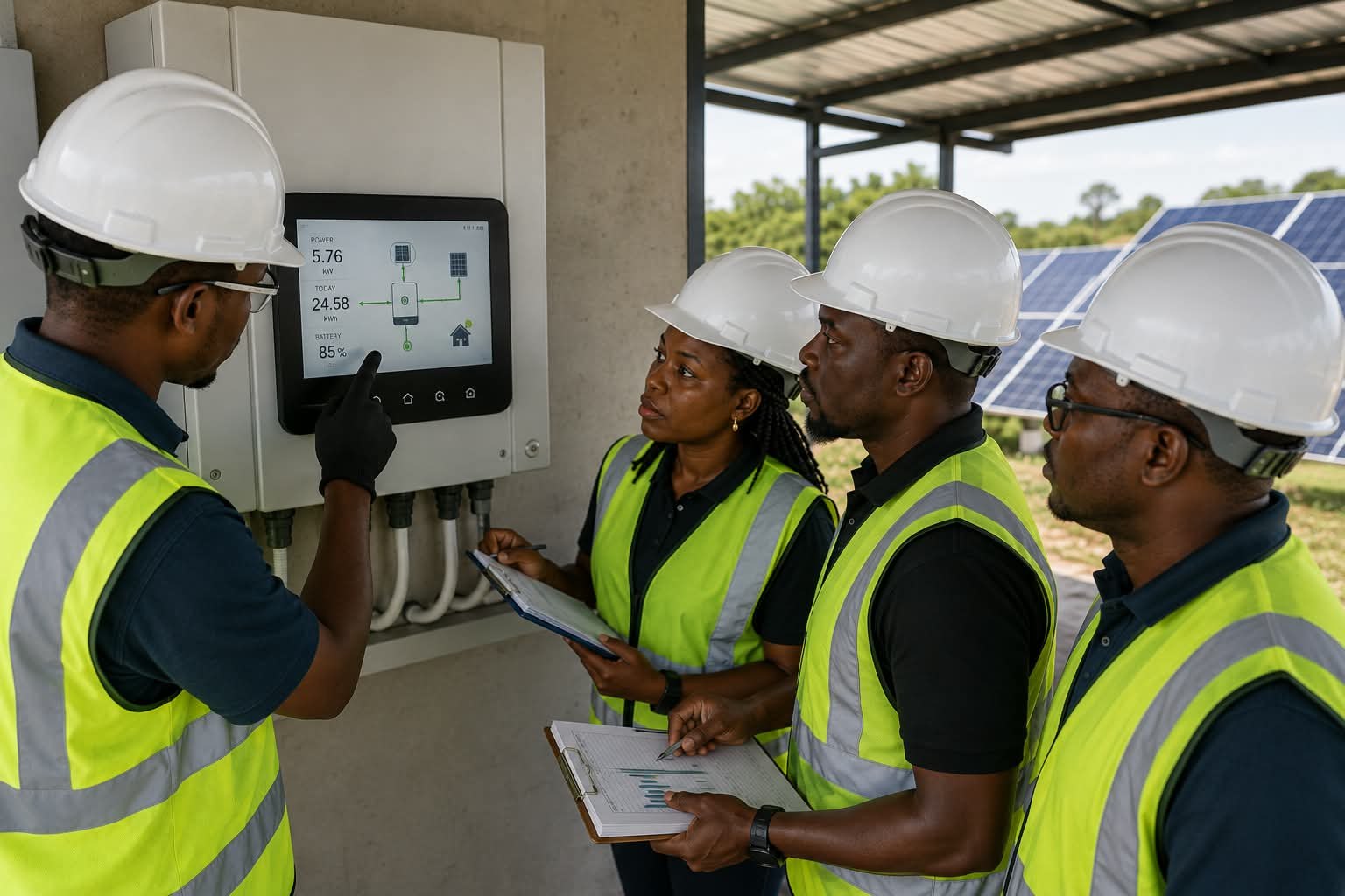 Technical team being trained on a hybrid inverter